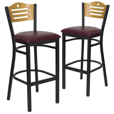 Flash Furniture 2 Pk. Black Slat Back Metal Barstool - Natural Wood Back, Burdy Vinyl Seat In Burgundy