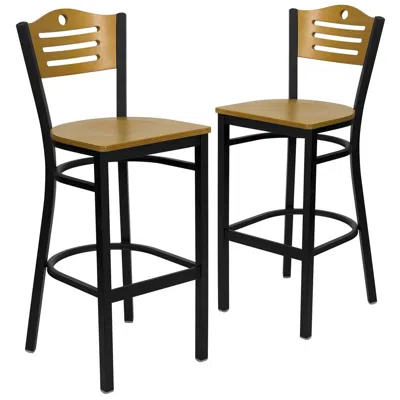 Flash Furniture 2 Pk. Black Slat Back Metal Restaurant Barstool - Natural Wood Back & Seat In Multi