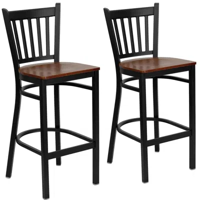 Flash Furniture 2 Pk. Black Vertical Back Metal Restaurant Barstool - Cherry Wood Seat In Brown