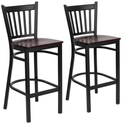 Flash Furniture 2 Pk. Black Vertical Back Metal Restaurant Barstool - Mahogany Wood Seat In Brown
