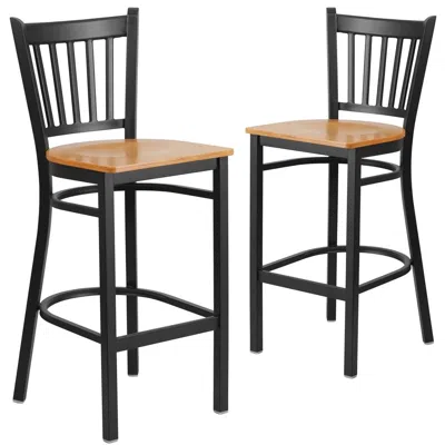 Flash Furniture 2 Pk. Black Vertical Back Metal Restaurant Barstool - Natural Wood Seat In Multi