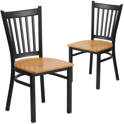 Flash Furniture 2 Pk. Black Vertical Back Metal Restaurant Chair - Natural Wood Seat