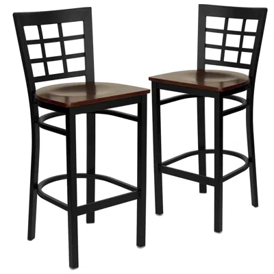 Flash Furniture 2 Pk. Black Window Back Metal Restaurant Barstool - Mahogany Wood Seat