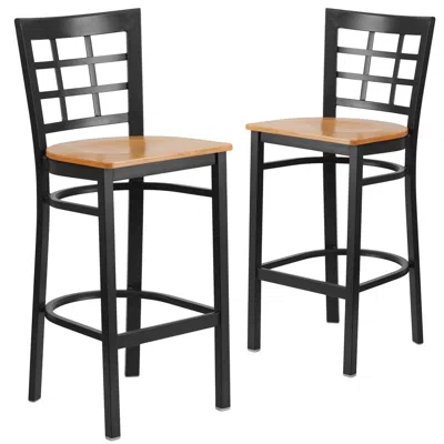 Flash Furniture 2 Pk. Black Window Back Metal Restaurant Barstool - Natural Wood Seat