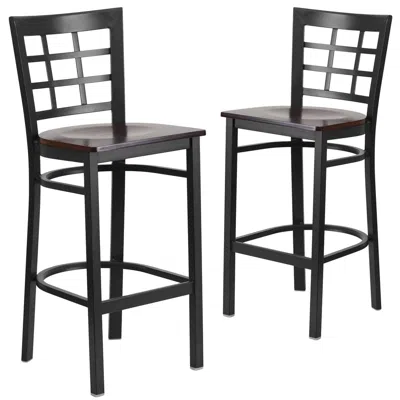 Flash Furniture 2 Pk. Black Window Back Metal Restaurant Barstool - Walnut Wood Seat