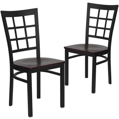 Flash Furniture 2 Pk. Black Window Back Metal Restaurant Chair - Mahogany Wood Seat