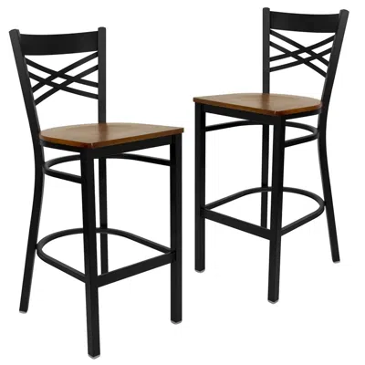 Flash Furniture 2 Pk. Black ''x'' Back Metal Restaurant Barstool - Cherry Wood Seat In Brown