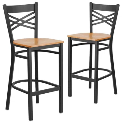Flash Furniture 2 Pk. Black ''x'' Back Metal Restaurant Barstool - Natural Wood Seat