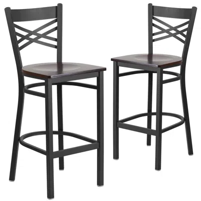 Flash Furniture 2 Pk. Black ''x'' Back Metal Restaurant Barstool - Walnut Wood Seat In Gray
