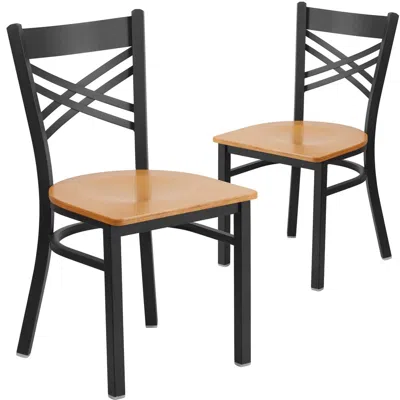 Flash Furniture 2 Pk. Black ''x'' Back Metal Restaurant Chair - Natural Wood Seat In Multi