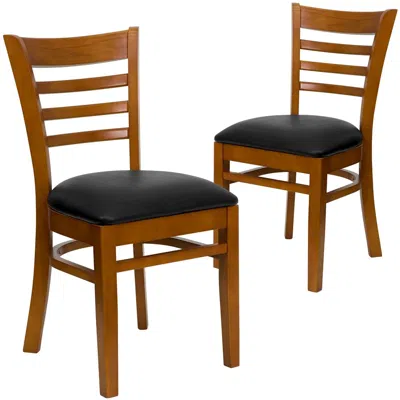 Flash Furniture 2 Pk. Cherry Finished Ladder Back Wooden Restaurant Chair - Black Vinyl Seat In Brown