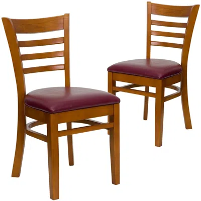Flash Furniture 2 Pk. Cherry Finished Ladder Back Wooden Restaurant Chair - Burdy Vinyl Seat In Brown