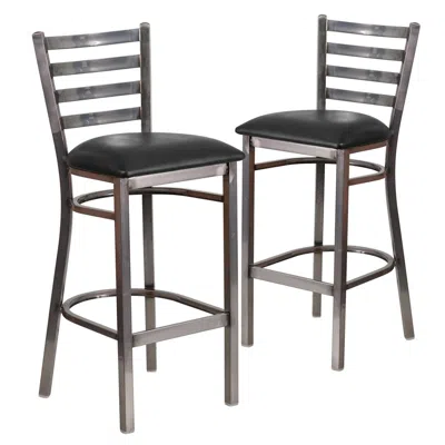 Flash Furniture 2 Pk. Clear Coated Ladder Back Metal Restaurant Barstool - Black Vinyl Seat In Gray
