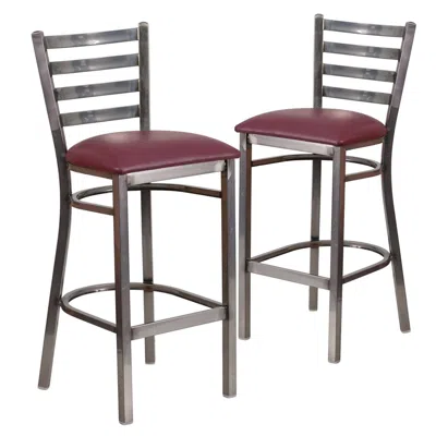 Flash Furniture 2 Pk. Clear Coated Ladder Back Metal Restaurant Barstool - Burdy Vinyl Seat In Gray