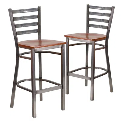 Flash Furniture 2 Pk. Clear Coated Ladder Back Metal Restaurant Barstool - Cherry Wood Seat In Gray