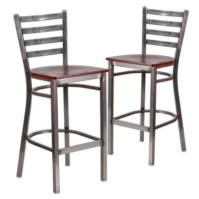 Flash Furniture 2 Pk. Clear Coated Ladder Back Metal Restaurant Barstool - Mahogany Wood Seat In Gray