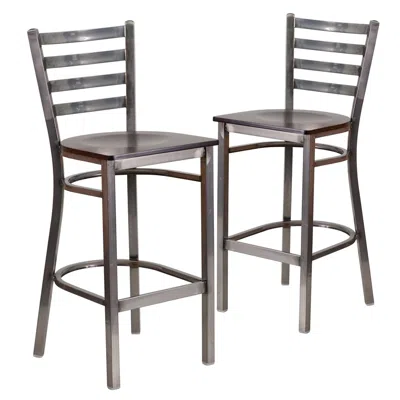 Flash Furniture 2 Pk. Clear Coated Ladder Back Metal Restaurant Barstool - Walnut Wood Seat In Gray