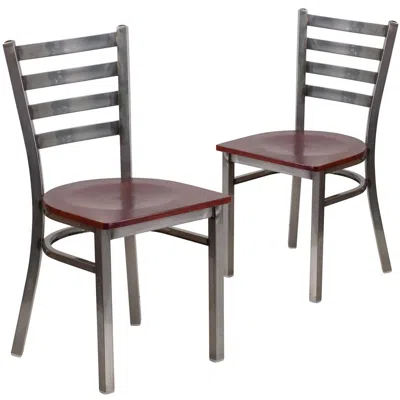 Flash Furniture 2 Pk. Clear Coated Ladder Back Metal Restaurant Chair - Mahogany Wood Seat In Multi