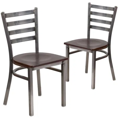 Flash Furniture 2 Pk. Clear Coated Ladder Back Metal Restaurant Chair - Walnut Wood Seat In Brown