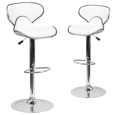 Flash Furniture 2 Pk. Cozy Mid-back White Vinyl Adjustable Height Barstool With Chrome Base In Silver