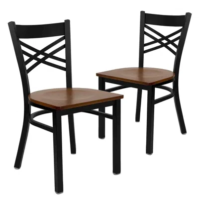 Flash Furniture 2 Pk. Hercules Series Black ''x'' Back Metal Restaurant Chair - Cherry Wood Seat In Brown