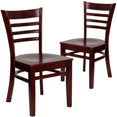Flash Furniture 2 Pk. Hercules Series Mahogany Finished Ladder Back Wooden Restaurant Chair In Brown