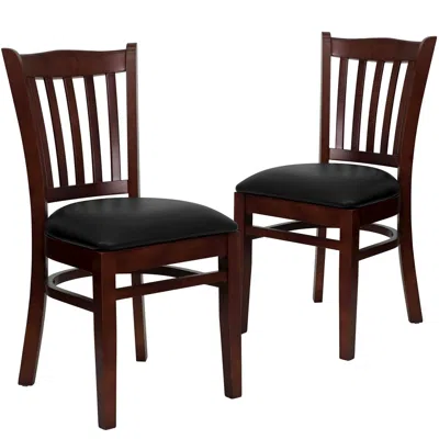 Flash Furniture 2 Pk. Mahogany Finished Vertical Slat Back Wooden Chair - Black Vinyl Seat In Brown