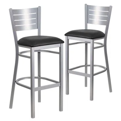 Flash Furniture 2 Pk. Silver Slat Back Metal Restaurant Barstool - Black Vinyl Seat In Gray