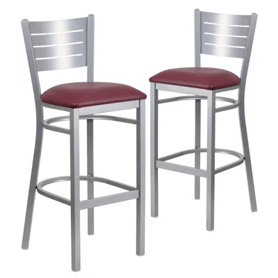 Flash Furniture 2 Pk. Silver Slat Back Metal Restaurant Barstool - Burdy Vinyl Seat In Burgundy