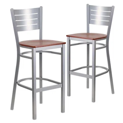 Flash Furniture 2 Pk. Silver Slat Back Metal Restaurant Barstool - Cherry Wood Seat In Metallic