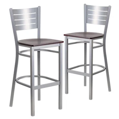 Flash Furniture 2 Pk. Silver Slat Back Metal Restaurant Barstool - Mahogany Wood Seat