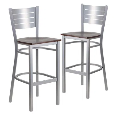 Flash Furniture 2 Pk. Silver Slat Back Metal Restaurant Barstool - Walnut Wood Seat In Gray