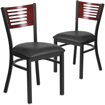 Flash Furniture 2 Pk. Slat Back Metal Chair - Mahogany Wood Back, Black Vinyl Seat In Multi