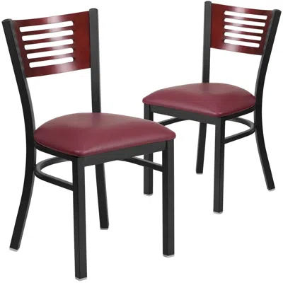 Flash Furniture 2 Pk. Slat Back Metal Chair - Mahogany Wood Back, Burdy Vinyl Seat In Red
