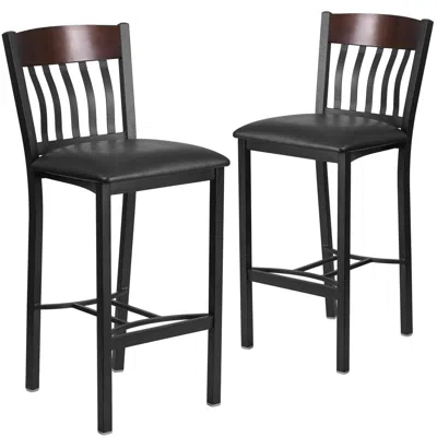 Flash Furniture 2 Pk. Vertical Back Black Metal And Walnut Wood Barstool With Black Vinyl Seat