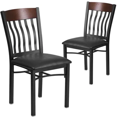 Flash Furniture 2 Pk. Vertical Back Black Metal And Walnut Wood Chair With Black Vinyl Seat