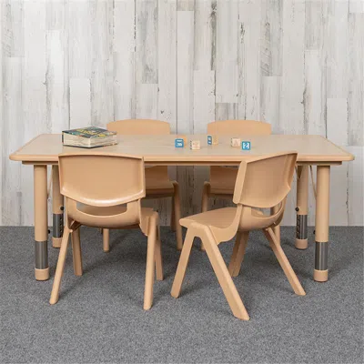 Flash Furniture 23.625 X 47.25 In. Rectangular Plastic Height Adjustable Activity Table Set With 4 Chairs, Natural C In Brown