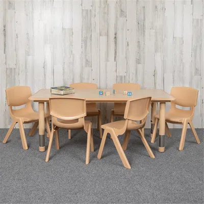 Flash Furniture 23.625 X 47.25 In. Rectangular Plastic Height Adjustable Activity Table Set With 6 Chairs, Natural C In Neutral