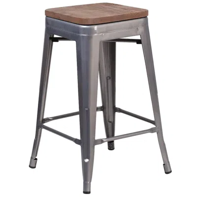 Flash Furniture 24" High Backless Clear Coated Metal Counter Height Stool With Square Wood Seat In Gray