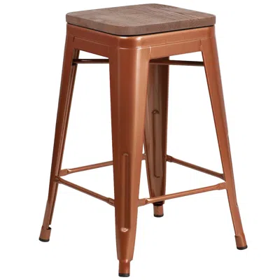 Flash Furniture 24" High Backless Copper Counter Height Stool With Square Wood Seat In Brown