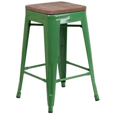Flash Furniture 24" High Backless Green Metal Counter Height Stool With Square Wood Seat