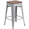 Flash Furniture 24" High Backless Silver Metal Counter Height Stool With Square Wood Seat In Gray