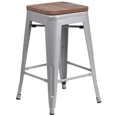 Flash Furniture 24" High Backless Silver Metal Counter Height Stool With Square Wood Seat In Gray