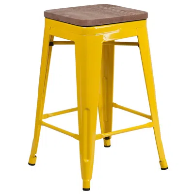 FLASH FURNITURE 24" HIGH BACKLESS YELLOW METAL COUNTER HEIGHT STOOL WITH SQUARE WOOD SEAT