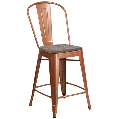 Flash Furniture 24" High Copper Metal Counter Height Stool With Back And Wood Seat In Brown