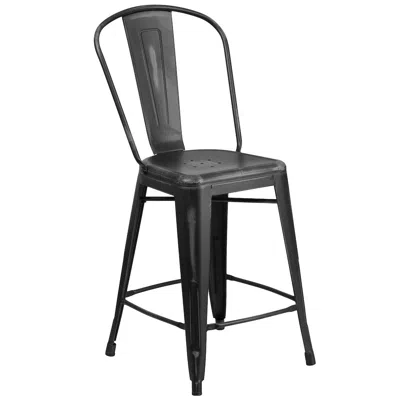 Flash Furniture 24" High Distressed Black Metal Indoor-outdoor Counter Height Stool With Back In Gray