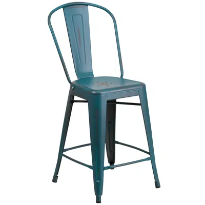 Flash Furniture 24" High Distressed Kelly Blue-teal Metal Indoor-outdoor Counter Height Stool