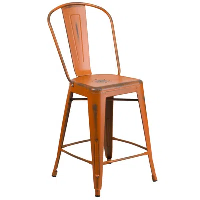 Flash Furniture 24" High Distressed Orange Metal Indoor-outdoor Counter Height Stool With Back