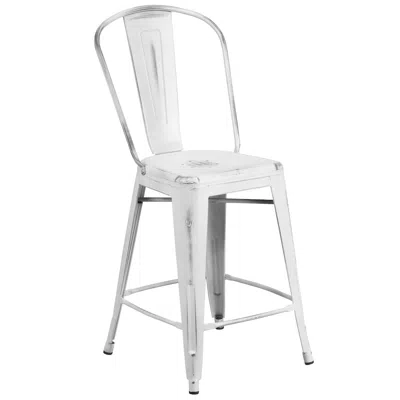 Flash Furniture 24" High Distressed White Metal Indoor-outdoor Counter Height Stool With Back