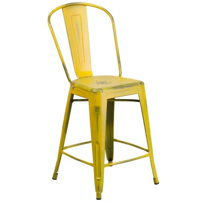 Flash Furniture 24" High Distressed Yellow Metal Indoor-outdoor Counter Height Stool With Back